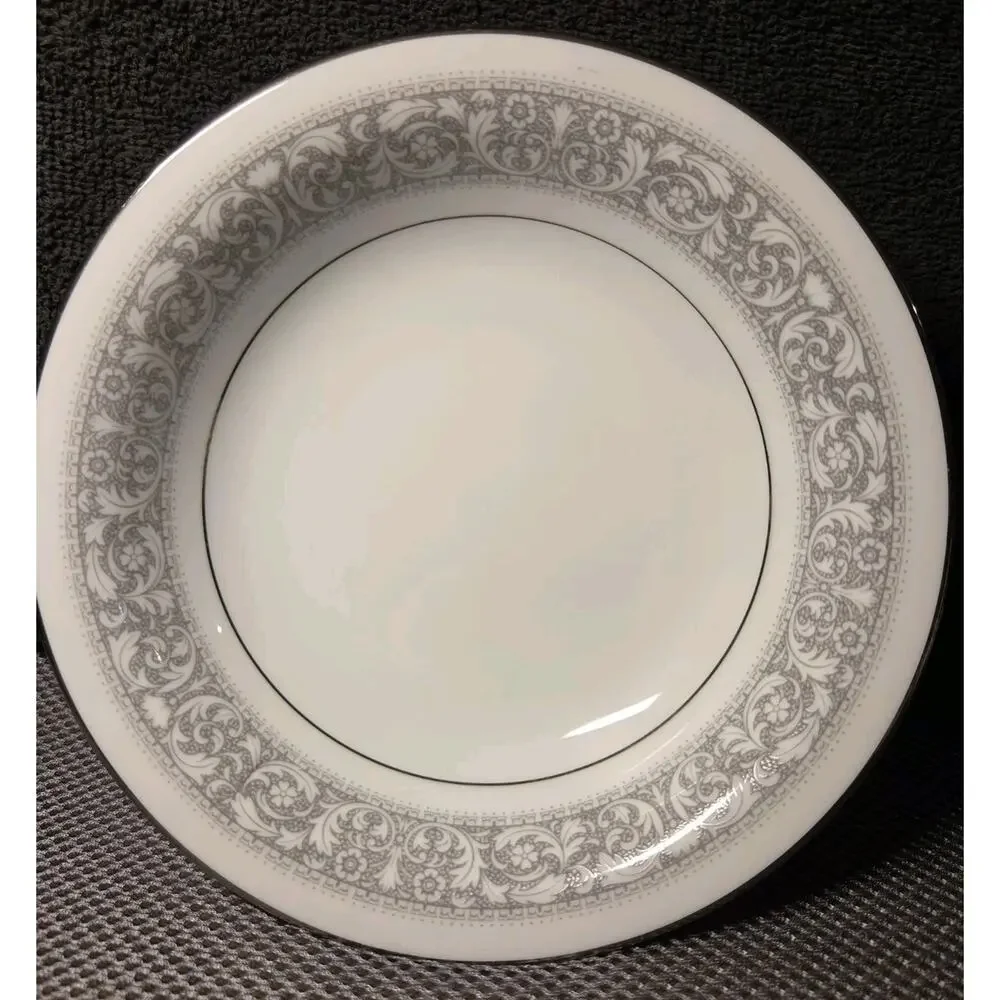 Noritake China Naples 6975 2 Coupe Soup Bowls White W/Gray Floral Trim